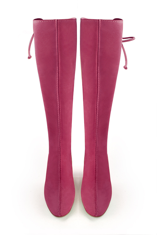 Fuschia pink women's knee-high boots, with laces at the back. Round toe. Low flare heels. Made to measure. Top view - Florence KOOIJMAN